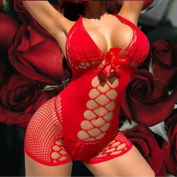 Red Hot l Feels Good On! l Red l Lingerie Romper, Shorts l Soft Mesh l Bow l New - Picture 2 of 8
